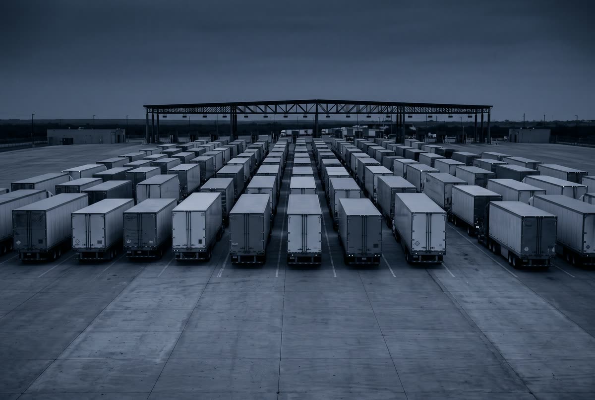 Rows of freight trucks queued at a border crossing at dusk