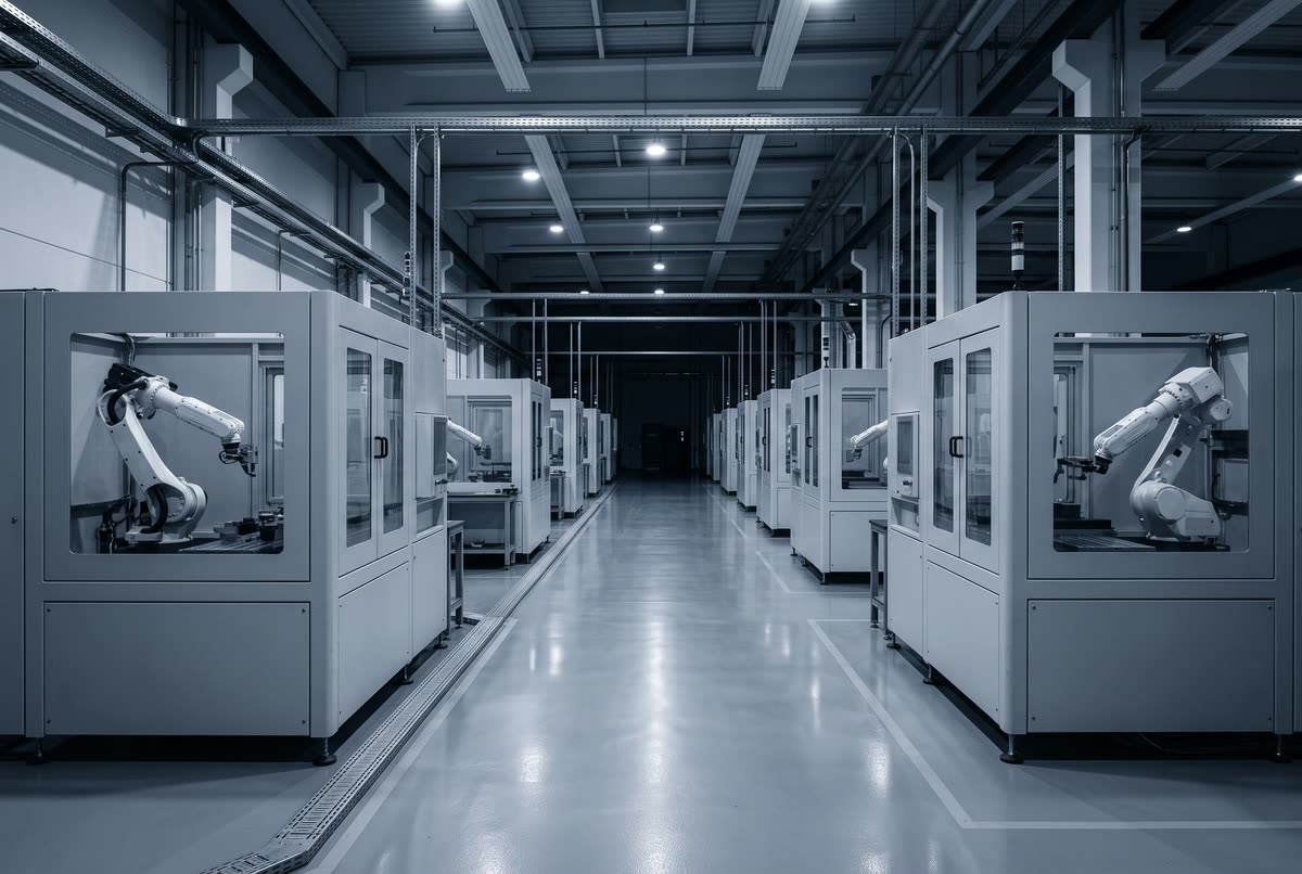 Precision factory floor with robotic machining cells