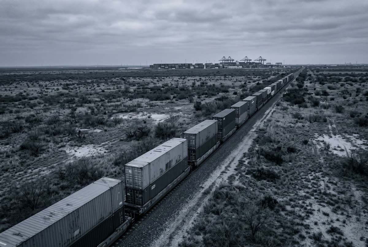 Loaded intermodal train crossing flat scrubland with a congested container port on the horizon