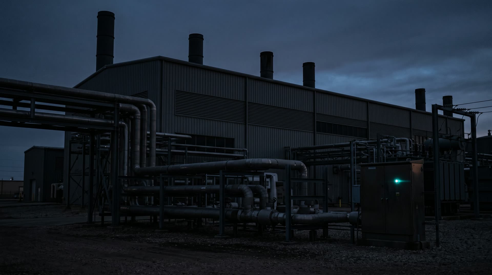 Combined heat and power plant at dusk: turbine hall, exhaust stacks and insulated steam and chilled-water pipe racks